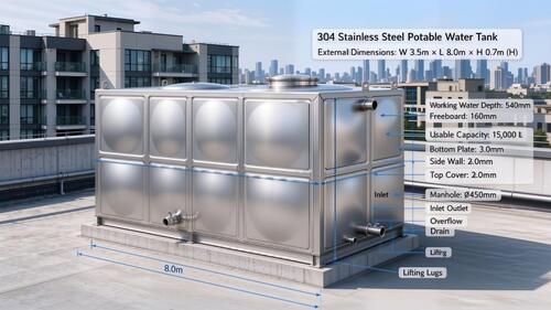 آخرین مورد شرکت 15,000L 304 Stainless Steel Potable Water Tank for Commercial Apartment Rooftop Water Supply