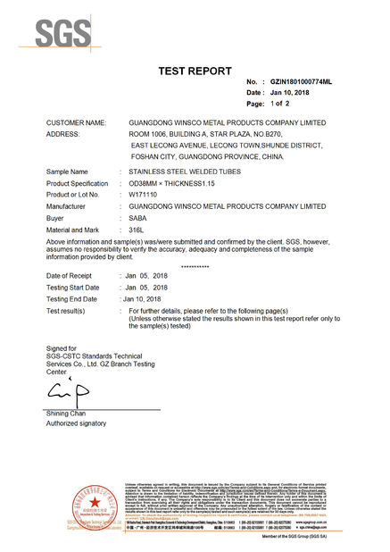 چین (GuangDong)Foshan Winsco Metal Products Co., Ltd. گواهینامه ها