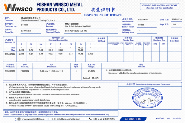 چین (GuangDong)Foshan Winsco Metal Products Co., Ltd. گواهینامه ها