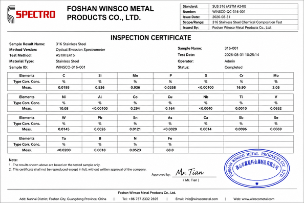 چین (GuangDong)Foshan Winsco Metal Products Co., Ltd. گواهینامه ها