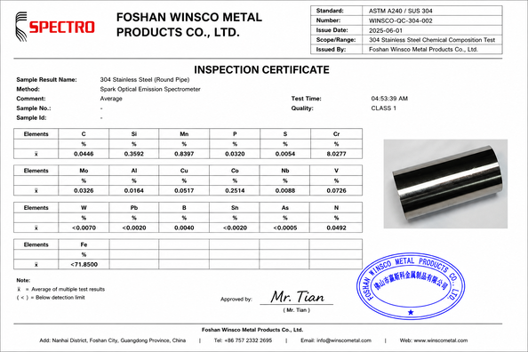 چین (GuangDong)Foshan Winsco Metal Products Co., Ltd. گواهینامه ها