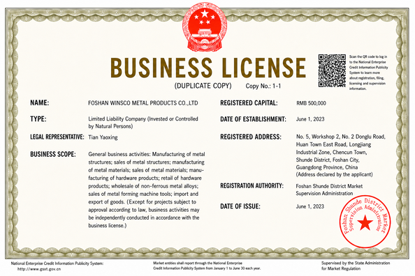 چین (GuangDong)Foshan Winsco Metal Products Co., Ltd. گواهینامه ها
